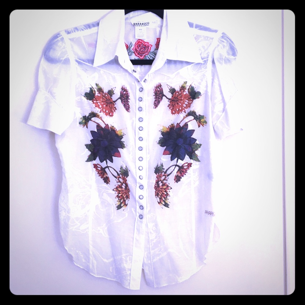 Sheer pearl snap button down
